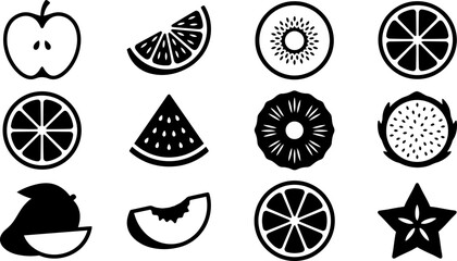 Set of monochrome fruit and berry icons in flat style. © ngawoor