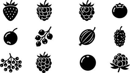 Set of various black and white berry icons. © ngawoor