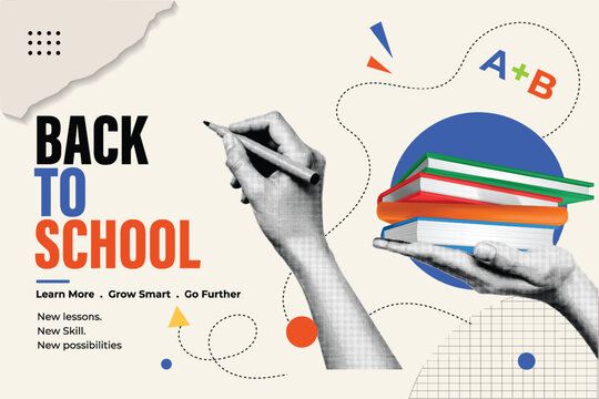 Halftone Pop Art Collage with Hands Holding Books and Pen. Back to School, Learn More, Grow Smart, and Go Further Education Concept. Retro Vintage Style Banner