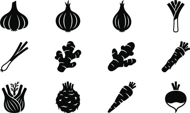 Set of black silhouette vegetable and root icons.