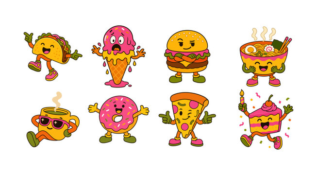 Groovy Retro Flat Food Character Clipart Set &mdash; Taco Coffee Donut Pizza Burger Ice Cream Ramen Cake 70s Illustration