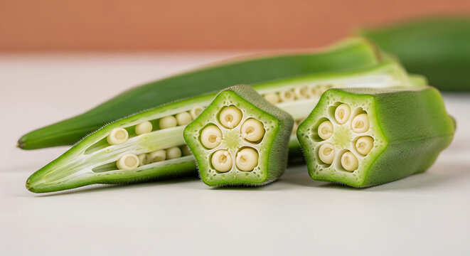 Fresh green okra pods sliced crosswise and lengthwise showing internal seed structure and texture