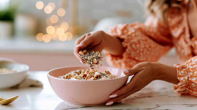Breakfast prep closeup, hands sprinkle nut seed topping over yogurt bowl, subtle abdomen gesture, pastel kitchen bokeh, healthy digestion comfort, mindful morning routine.