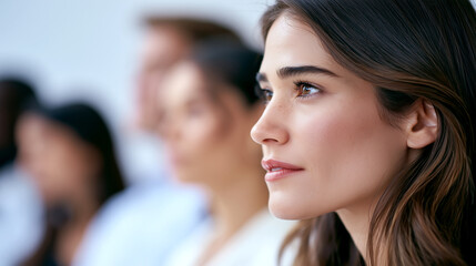 Fototapeta premium Woman in profile listening attentively with focused gaze, colleagues in soft bokeh background, modern workplace meeting, thoughtful professional engagement, closeup portrait.