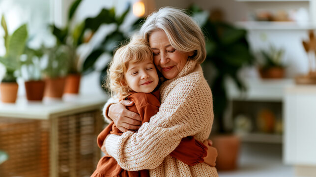 Grandmother grandchild reunion, warm hug, cozy home room, plant bokeh, closed eye relief, family bond, serotonin relationship mood, tender intergenerational love.