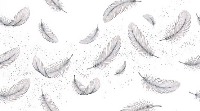 Floating stippled feathers pattern on a white background design