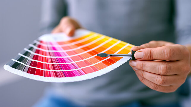 Hand holding vibrant color paint swatch fan with small screwdriver tool, choosing color palette, home renovation and interior design decision, closeup diy project.