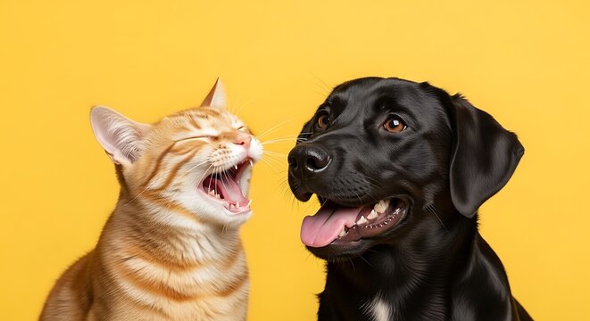 Funny orange cat meowing and happy black labrador dog looking at each other on a bright yellow background