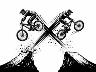 Obraz premium Mountain Bikers Jump Dirt Trail.
