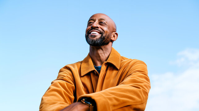 Smiling bald man in orange jacket laughing joyfully against clear blue sky, confident happy portrait with beard reflecting pride, positivity and modern fatherhood.