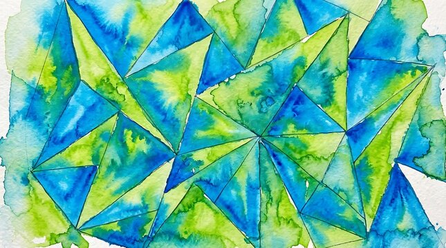 Geometric Abstract Watercolor Painting With Blue And Green Triangles