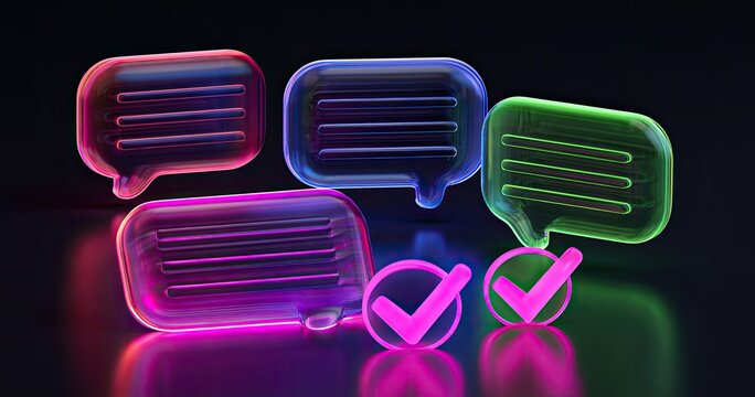 Luminous speech bubbles and glowing checkmarks against dark background