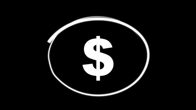 Hand-drawing oval frame circle animation black background, circle highlights with dollar icon, Animated red circle drawn, marker pen style, Red circle spotted with arrow highlight concept.