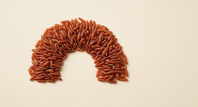 Raw red rice grains arranged in a semicircle shape on a plain light beige background surface