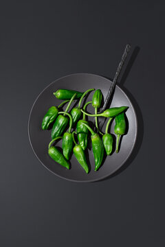 Galician green peppers on plate with fork on dark
