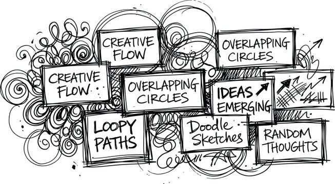 Visual mind mapping diagram and creative thinking concept vector set, messy ink scribbles, rectangular outline labels, loopy paths, business strategy graphics