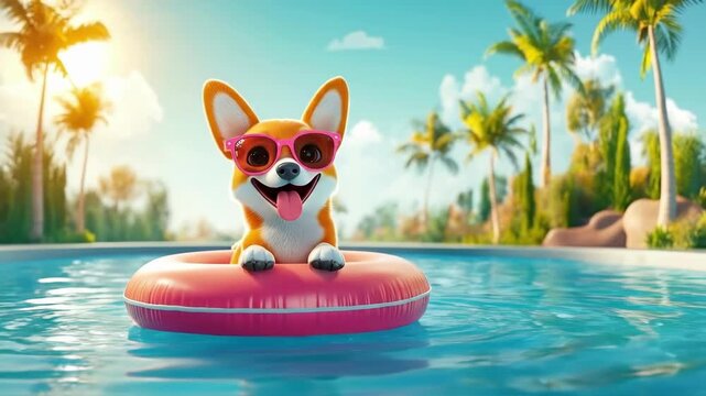 Corgi wearing sunglasses relaxing on pool float in tropical paradise