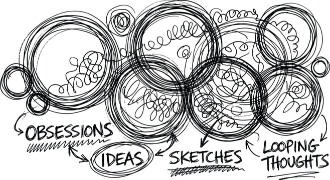 Hand drawn mind map doodle set, ideation process concept elements, sketchy diagram labels, brainstorming scribbles, business presentation flow charts