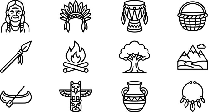 Set of outline icons representing Native American culture and traditions.