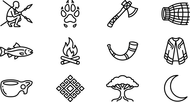 Set of tribal and primitive culture line icons featuring ancient symbols and artifacts.