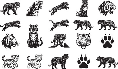 Obraz premium Minimalist Tiger Silhouette Icon Set Collection Vector Illustration