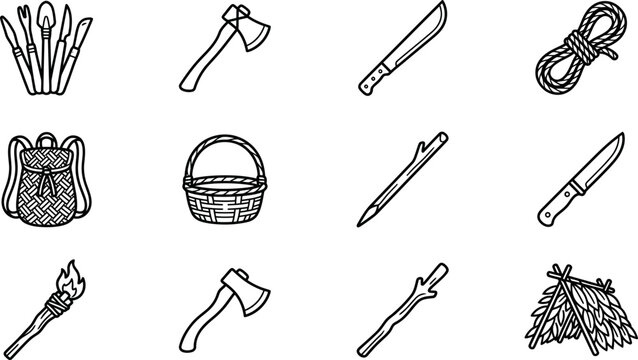 Hand drawn doodle set of camping and survival equipment icons.