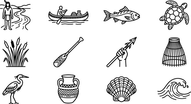 Set of Native American culture and nature themed icons.