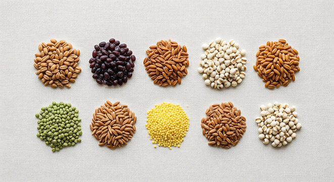 Ten piles of various grains, legumes, and seeds arranged in two rows on a light fabric background