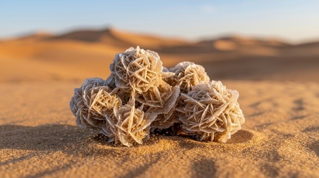 Desert rose mineral formation on sand in a desert landscape