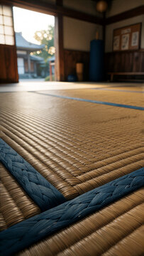 karate kudo dojo interior with tatami mats and punching bag.