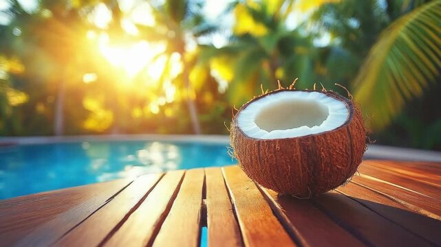 Coconut on wooden table by poolside in tropical sunshine