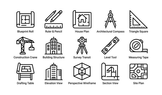 Architecture icons showing drafting tools and construction plans