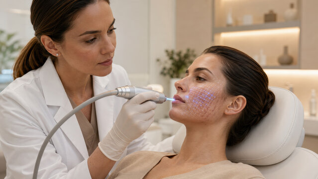Professional aesthetic clinic scene showing facial skin analysis and targeted laser treatment.