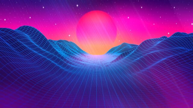 Glitching 80s synthwave landscape with blue grid mountains and sun over arcade space planet canyon