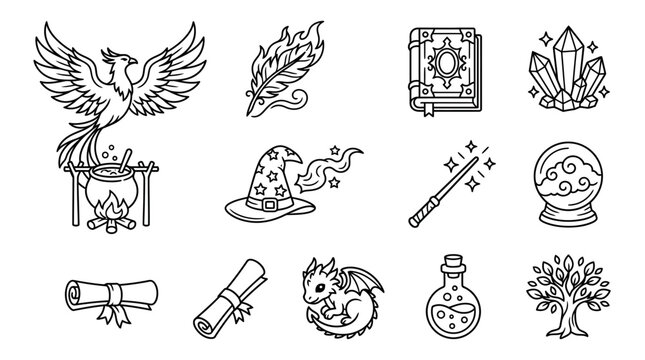 Fantasy Magic Icons: Phoenix, Dragon, Crystals, Potion, Spellbook
