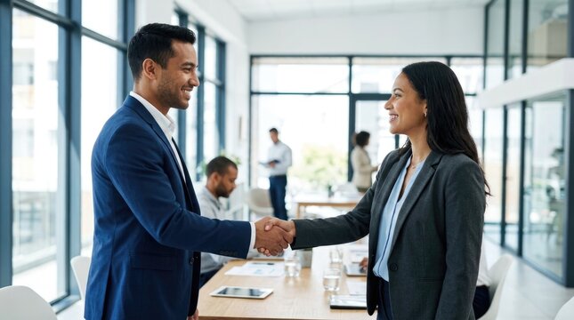 Professional Business Handshake Between Colleagues in Bright Modern Corporate Office