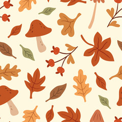 Fototapeta premium Seamless autumn pattern with leaves, mushrooms, and berries