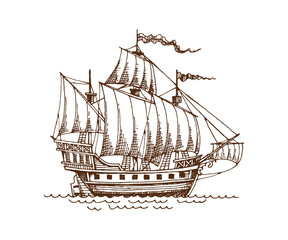 Engraving sketch pirate historical sail ship. European fleet sketch warship, historical hand drawn isolated vector brown galleon vessel. Wooden graphic sail ship or pirate engraving caravel © Seavector