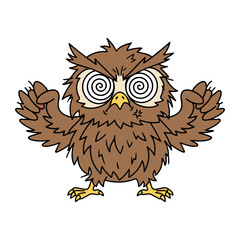 Fototapeta premium Furious angry owl cartoon mascot with hypnotic spiral eyes and aggressive expression. Funny cartoon owl with clenched wings, furrowed brows and rage vein.