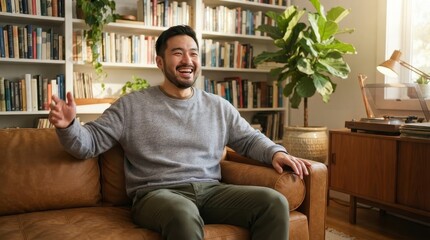 Fototapeta premium Happy man laughing and gesturing on couch at home