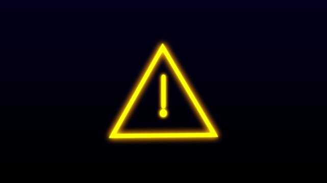 Glowing neon warning triangle with a red exclamation mark animated on dark background. A hazard, alert, safety, error messages, security, user interfaces, and technology concepts 4k animation.