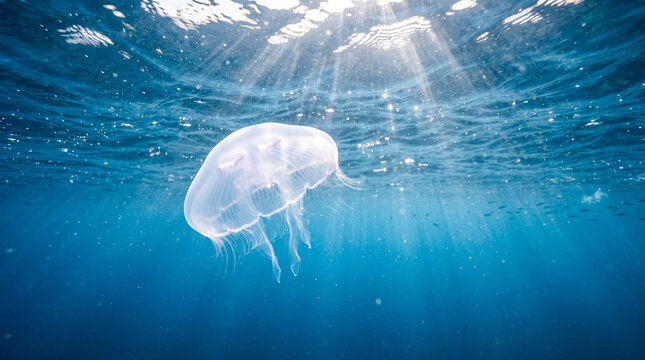 Medusa transl&uacute;cida flotando bajo la superficie del oc&eacute;ano azul, iluminada por sutiles rayos de sol que se filtran en el agua limpia.