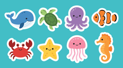 Colorful vector illustration featuring a collection of cute sea creatures including a whale turtle octopus fish crab starfish jellyfish seahorse © Firdaus