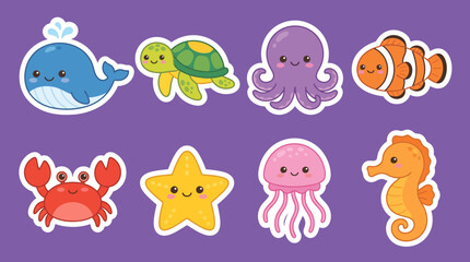 Colorful collection of cute marine animal vector stickers featuring a whale turtle octopus clownfish crab starfish jellyfish and seahorse designs © Firdaus