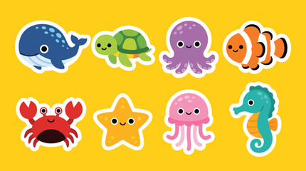Cute colorful vector illustration set featuring various smiling sea creatures like a whale turtle octopus crab starfish jellyfish and seahorse © Firdaus