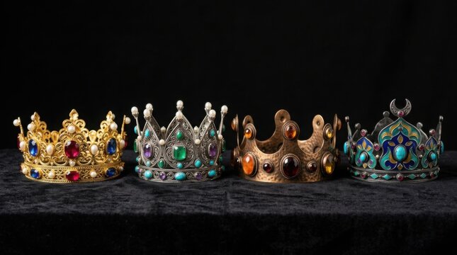 Four ornate royal crowns displayed in a row against a dark black background with luxury style