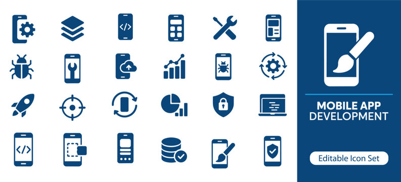 Mobile App Development Solid Icon Set, Application Design and Software Engineering Icons for UI UX, Programming and Digital Product Creation UI UX Design