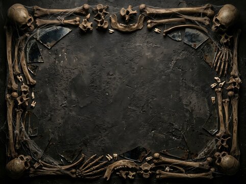 Scary human bones and skull border on a dark textured background. Perfect for horror and Halloween event concepts.