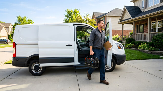 Professional Handyman Arriving at Residential House with Tool Bag | Service Technician Exiting White Cargo Van for Home Repair Maintenance | Contractor Starting Repair Service Job in Suburbs