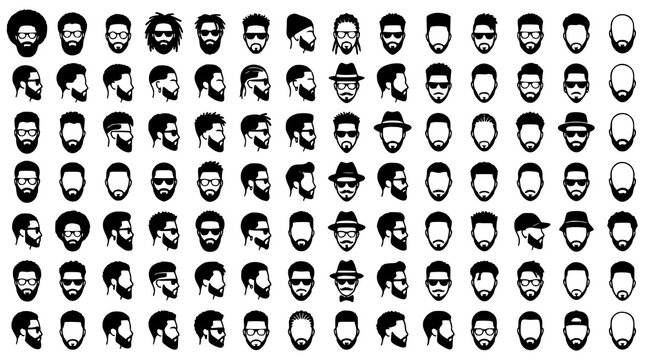 Modern Barber and Hipster Male Face Icon Set with Beard and Hair Style Collection Black Vector Illustration